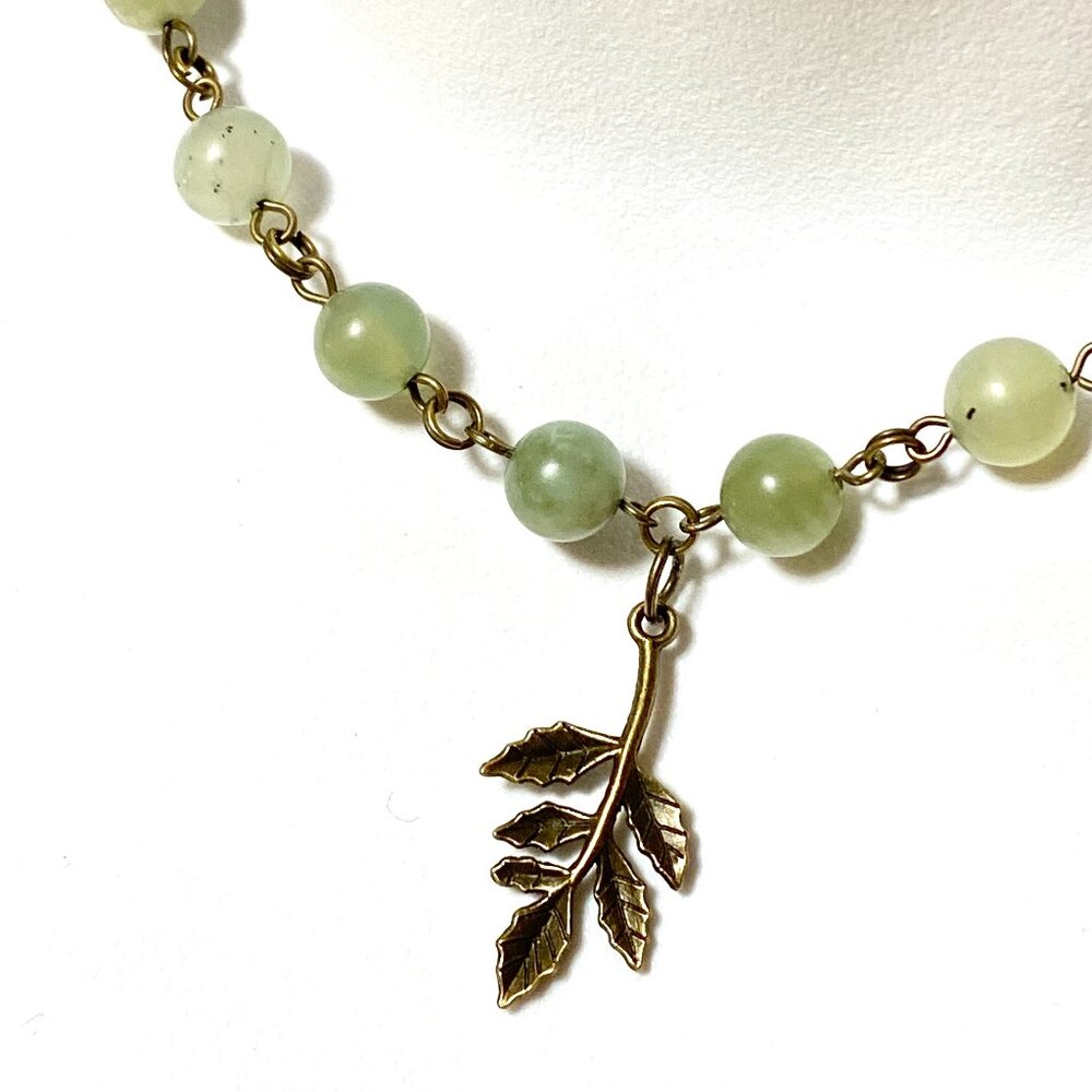 Natural Mint Green Serpentine Necklace, Bronze Leaf Branch + Genuine Gemstone